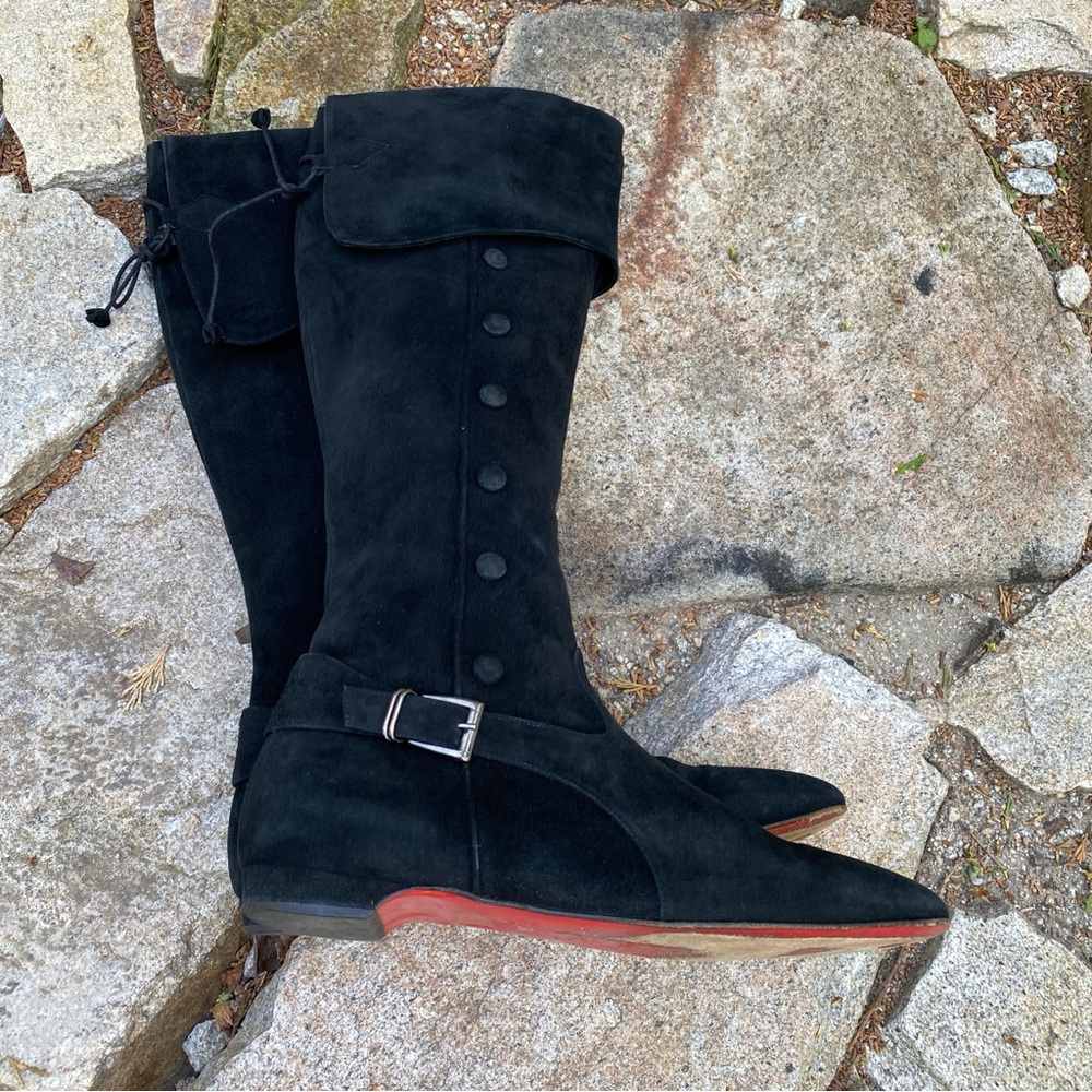 Christian Louboutin Calf Black Suede Boots Flat Knee High Zip Fold Tie Button 38